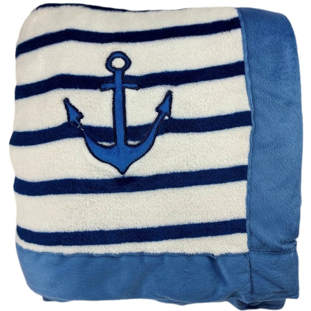 Baby Lounge Blue Stripe ANCHOR Blanket‎ Soft Fleece Embroidered Lovey Nautical